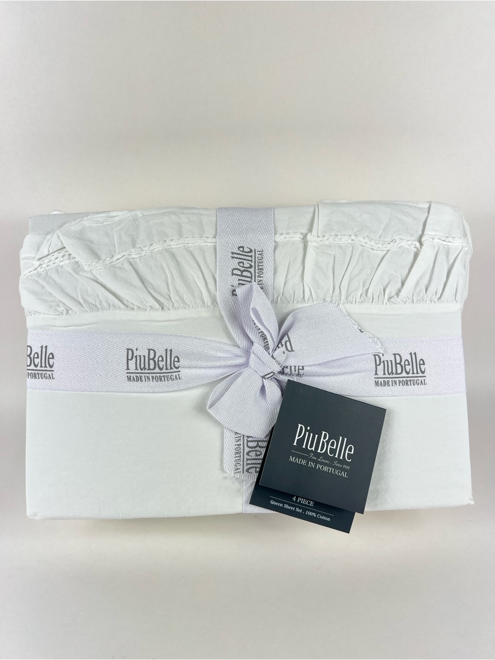 PIUBELLE Ruffled Hem Queen Sheet Set White Cotton Portugal Cottage 4 Pc NEW